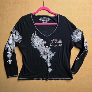 Womens Black & Pink Full Throtle Saloon Sturgis SD V neck Shirt L Y2k Affliction